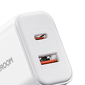 Joyroom JR-TCF05 20W USB-C | USB-A ātrgaitas divu portu sienas lādētājs - Balts + USB-C - Lightning 1m