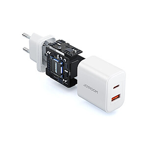 Joyroom JR-TCF05 20W USB-C | USB-A ātrgaitas divu portu sienas lādētājs - Balts + USB-C - Lightning 1m