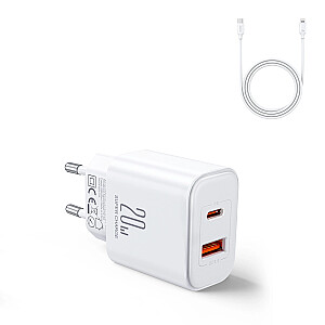 Joyroom JR-TCF05 20W USB-C | USB-A ātrgaitas divu portu sienas lādētājs - Balts + USB-C - Lightning 1m