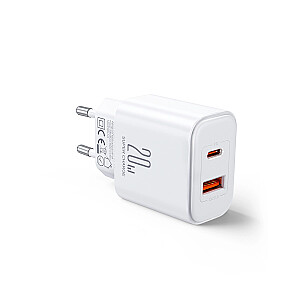 Joyroom JR-TCF05 20W USB-C | USB-A ātrgaitas divu portu sienas lādētājs - Balts + USB-C - Lightning 1m