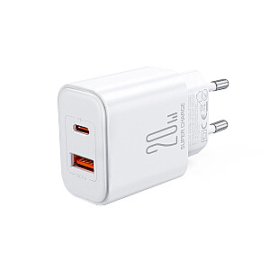 Joyroom JR-TCF05 20W USB-C | USB-A ātrgaitas divu portu sienas lādētājs - Balts + USB-C - Lightning 1m