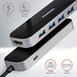 HMC-6H4A Wieloportowy centrmezgls, 4x USB-A + HDMI, USB-C 3.2 Gen 1, PD 100 W, USB-C kabelis 20 cm garš