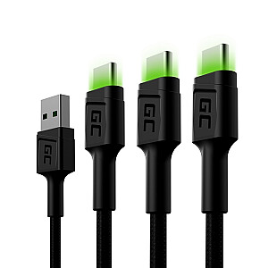 Green Cell Set 3x Ray USB-C 120cm kabelis ar zaļu LED apgaismojumu, ātrā uzlāde Ultra Charge, QC 3.0