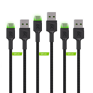 Green Cell Set 3x Ray USB-C 120cm Кабель с зеленой LED подсветкой, быстрая зарядка Ultra Charge, QC 3.0