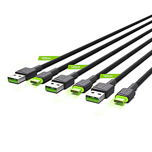 Green Cell Set 3x Ray USB-C 120cm kabelis ar zaļu LED apgaismojumu, ātrā uzlāde Ultra Charge, QC 3.0