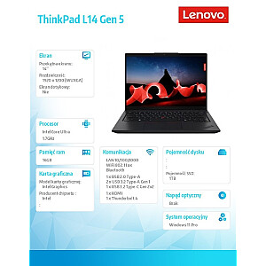 Nešiojamas kompiuteris ThinkPad L14 G5 21L10031PB W11Pro Ultra 7 155U/16GB/1TB/INT/14.0 FHD/Juodas/3 metai OS + 1 metai Premier Support + CO2 kompensacija