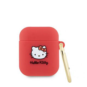 Hello Kitty Apple Airpods 1/2 dangtelis Silikoninis 3D Kitty galva Raudona