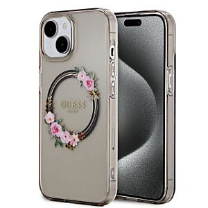 Guess - Чехол для iPhone 15 Black с глянцевым логотипом и цветами из PC/TPU MagSafe