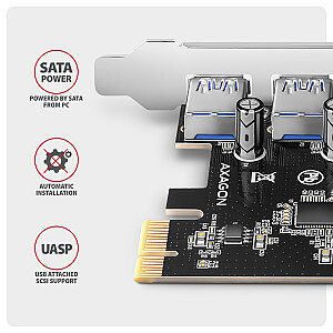 PCEU-430RS Kontrolieris PCIe 4x USB 3.2 GEN 1, UASP, Renesas mikroshēma, 15-pinu SATA barošanas avots