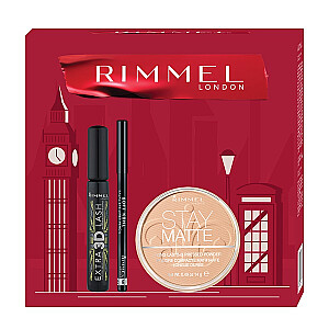 RIMMEL SET London Extra 3D Mascara skropstu tuša + Stay Matte Powder matējošs pūder sejai + Soft Kohl Pencil acu zīmulis