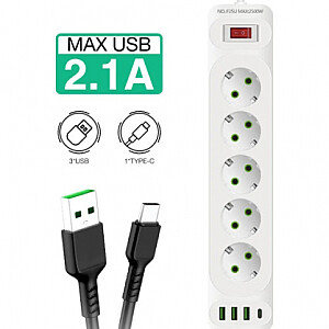 F25U 2m pagarinātājs ar 3 ligzdām + 3 USB + 1 USB-C