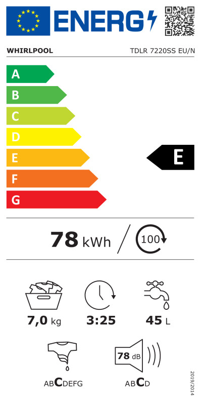 Whirlpool veļas mašīna | TDLR 7220SS EU/N | Energoefektivitātes klase E | Augšējā ielāde | Veļas ietilpība 7 kg | 1200 apgr./min | Dziļums 60 cm | Platums 40 cm | LED | Balta