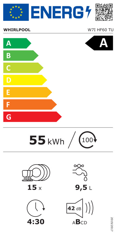 Whirlpool trauku mazgājamā mašīna | W7I HF60 TU | Iebūvēta | Platums 59,8 cm | Vietu skaits 15 | Programmu skaits 8 | Energoefektivitātes klase A | Melna