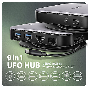 HMC-UFO Мультипортовый хаб 9в1 USB-C 3.2 Gen 2 10Gbps HDMI M.2 NVMe/SATA аудио PD100W microSD LAN