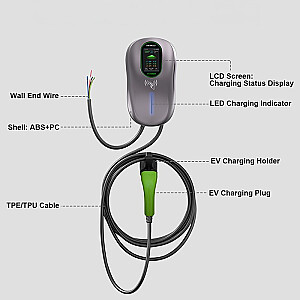 EV uzlādes stacija 2in1 Type2 | 22kW | Wi-Fi | TUYA | LCD | RFID | 3 fāzes | Wallbox | 5m 