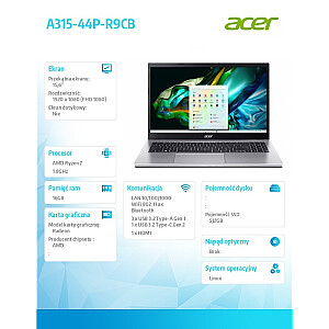 Notebook Aspire 3 A315-44P-R9CB Ryzen 7 5700U, 15.6 Full HD, 16GB, SSD 512GB, Linux, Sudrabs