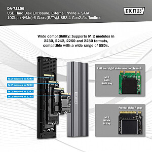 USB 3.1 Type C korpuss M.2 NVMe SSD 10 Gbps + SATA 6 Gbps alumīnijs, bez instrumentiem