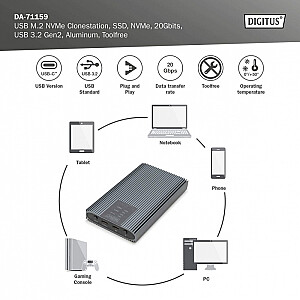 Корпус/Клонирующая станция USB 3.1 Type C для M.2 NVMe SSD 20 Гбит/с алюминиевый, безинструментальный