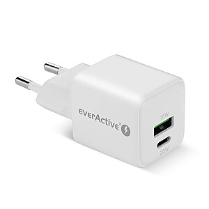 GaN зарядное устройство 1X USB, 1X USB-C 20W QC3.0 белое