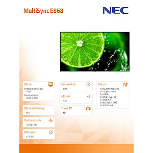 MultiSync E868 liela formāta monitors 85.6 collas UHD 350cd/m2 18/7