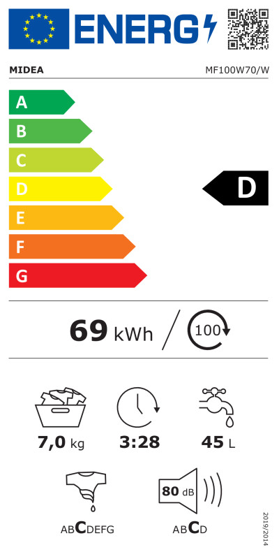 Стиральная машина Midea | MF100W70/W | Класс энергоэффективности D | Фронтальная загрузка | Вместимость стирки 7 кг | 1200 об/мин | Глубина 40 см | Ширина 60 см | Дисплей | LED | Белый