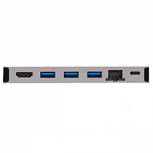 USB-C 4K HDMI dokstacija, USB 3.2 Gen 1, USB-A centrmezgls, GbE, atmiņas karte, 100 W PD uzlāde, noņemams kabelis U442-DOCK5D-GY