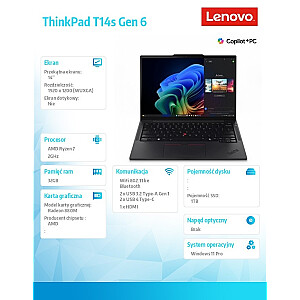 Ultrabook ThinkPad T14s G6 21M1000GPB W11Pro 7 PRO 360/32GB/1TB/INT/14.0 WUXGA/Melns/3GADS Premier Support + CO2 Offset 