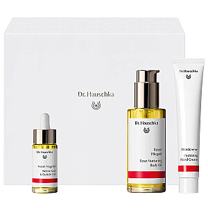 DR. HAUSCHKA SET Skaista ķermeņa krēms rokām 50ml + rožu ķermeņa eļļa 75 ml + neem eļļa nagiem 18ml