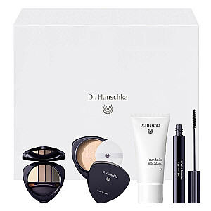 DR. HAUSCHKA SET Katru dienu skaistums acu un uzacu ēnu palete 5,3g + sejas tonālais krēms 30ml + caurspīdīgs pūderis 12g + melnā skropstu tuša 6ml