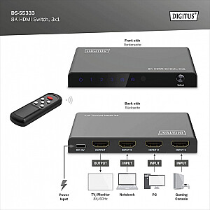 Switch 8K HDMI 3x1, 60Hz (4:4:4), HDR, HDCP 2.3, tālvadība, melns