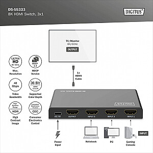 Switch 8K HDMI 3x1, 60Hz (4:4:4), HDR, HDCP 2.3, tālvadība, melns