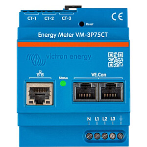 VM-3P75CT ir trīsfāžu enerģijas skaitītājs ar Ethernet un VE.Can sakaru pieslēgvietām.