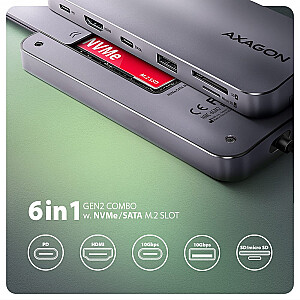 HMC-6GM2 Multi-port USB centrmezgls 6in1, 10Gbps, USB-A, USB-C, HDMI 4K/60Hz, M.2 NVMe/SATA, SD/microSD, PD 100W, 20cm USB-C kabelis