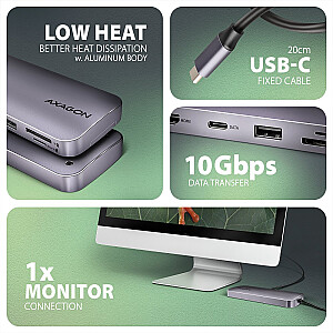 HMC-6GM2 Multi-port USB centrmezgls 6in1, 10Gbps, USB-A, USB-C, HDMI 4K/60Hz, M.2 NVMe/SATA, SD/microSD, PD 100W, 20cm USB-C kabelis