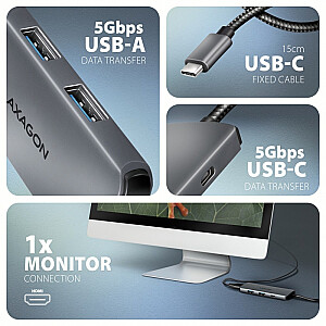 HMC-5H8K Мультипортовый USB хаб 5в1, 5Гбит/с, 2x USB-A, 1x USB-C, HDMI 8K/30Hz, PD 100W, 15см USB-C кабель