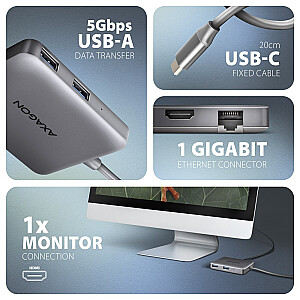 HMC-5HL Multi-port USB centrmezgls 5in1, 5Gbps, 2x USB-A, HDMI 4K/60Hz, GLAN, PD 100W, 15cm USB-C kabelis