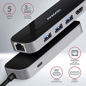 HMC-6GL Multi-port USB centrmezgls 6in1, 5Gbps, 3x USB-A, HDMI 4K/30Hz, GLAN, PD 100W, 20cm USB-C kabelis