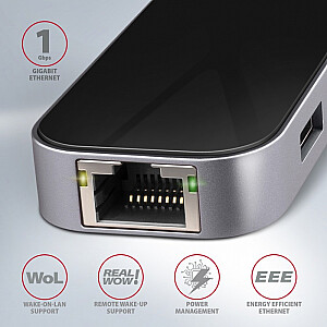 HMC-6GL Multi-port USB centrmezgls 6in1, 5Gbps, 3x USB-A, HDMI 4K/30Hz, GLAN, PD 100W, 20cm USB-C kabelis