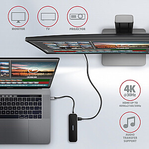 HMC-6GL Multi-port USB centrmezgls 6in1, 5Gbps, 3x USB-A, HDMI 4K/30Hz, GLAN, PD 100W, 20cm USB-C kabelis