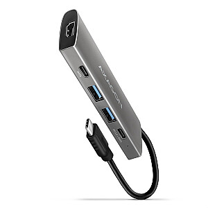 HMC-5G2 Multi-port USB centrmezgls 5in1, 10Gbps, 2x USB-A + 2x USB-C + HDMI 4K/60Hz, PD 100W, 13cm USB-C kabelis