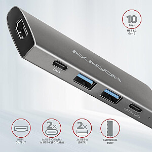 HMC-5G2 Multi-port USB centrmezgls 5in1, 10Gbps, 2x USB-A + 2x USB-C + HDMI 4K/60Hz, PD 100W, 13cm USB-C kabelis