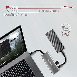 HMC-5G2 Multi-port USB centrmezgls 5in1, 10Gbps, 2x USB-A + 2x USB-C + HDMI 4K/60Hz, PD 100W, 13cm USB-C kabelis