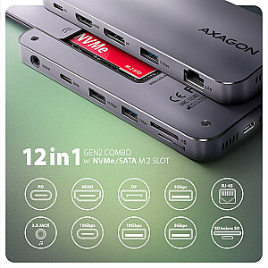 HMC-12GM2 Multi-port USB centrmezgls 12in1 + M.2 NVMe/SATA pozīcija, 10Gbps, 3x USB-A, USB-C, HDMI 4K/60Hz, DP 4K/60Hz, GLAN, SD/microSD, audio, PD 100W, 50c