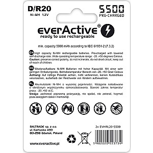 Uzlādējamas baterijas everActive R20/D Ni-MH 5500 mAh gatavas lietošanai