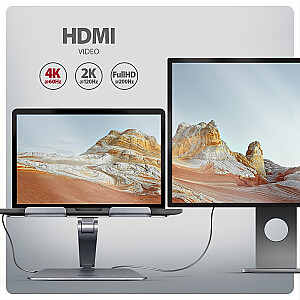 HMC-STND statīvs ar daudzportu alumīnija centrmezglu 7in1, 5Gbps, 10"-16" klēpjdatoriem, regulējams, 3x USB-A, HDMI 4K/60Hz, GLAN, PD 100W, 60cm USB-C kabelis