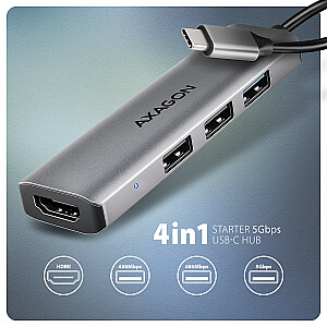 HMC-H3A Multi-port USB centrmezgls 4in1, 5Gbps, 3x USB-A (2x USB2.0, 1x USB3.0) + HDMI 4K/30Hz, metāls, 15cm USB-C kabelis