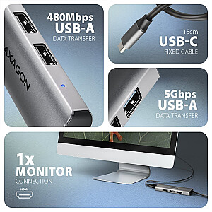 HMC-H3A Multi-port USB centrmezgls 4in1, 5Gbps, 3x USB-A (2x USB2.0, 1x USB3.0) + HDMI 4K/30Hz, metāls, 15cm USB-C kabelis