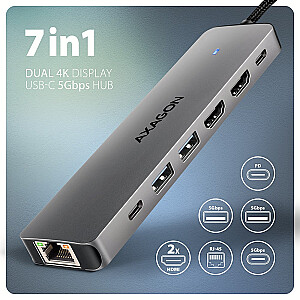 HMC-7HX2 Multi-port USB centrmezgls 7in1, 5Gbps, 2x USB-A, 1x USB-C, 2x HDMI 4K/60Hz, GLAN, PD 100W, 15cm USB-C kabelis