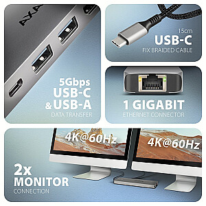 HMC-7HX2 Multi-port USB centrmezgls 7in1, 5Gbps, 2x USB-A, 1x USB-C, 2x HDMI 4K/60Hz, GLAN, PD 100W, 15cm USB-C kabelis