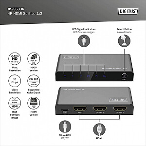 HDMI dalītājs 1x2, 4K/60Hz UHD ar HDR, 18 Gbps, HDCP 2.2, EDID